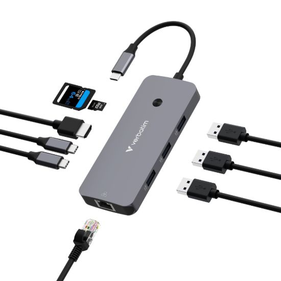 Picture of Verbatim USB-C Pro Multiport Hub 9 Ports,1 x HDMI, 1 x RJ45, 2 x USB-C 3.2 Gen2, 1 x USB-A 3.2 Gen2, 2 x USB-A 3.2 Gen1, 1 x SD card slot, 1 x microSD