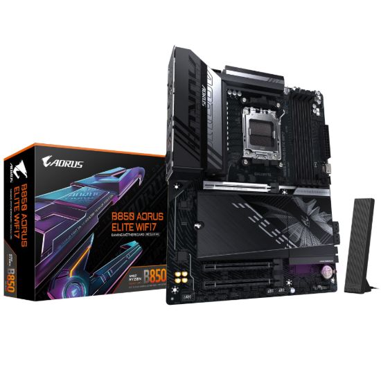 Picture of Gigabyte B850 A ELITE WF7 1.0, AMD AM5, 4 x DDR5 up to 256 GB, 1 x HDMI. 3x PCI Express x16, 3 x M.2, 4 x SATA, 9x USB 3.2