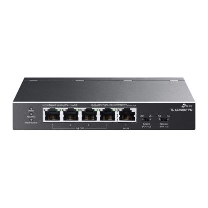 Picture of TP-Link TL-SG1005P-PD 5-Port Gigabit Desktop PoE+ Switch with 1-Port PoE++ In, 4-Port PoE+ Out, Metal Case, Long Range 250M, Up to 66W Total POE Budge