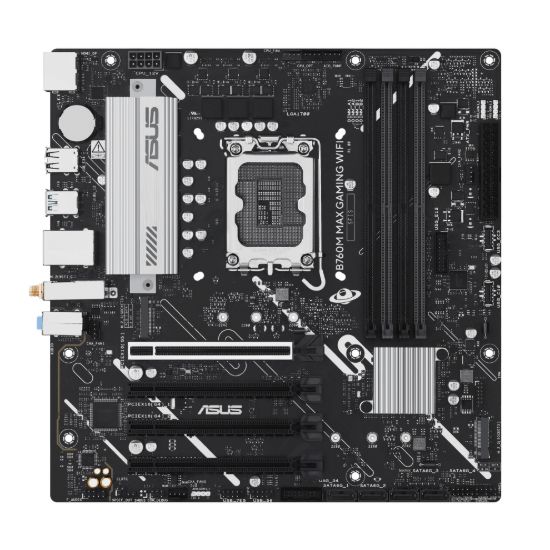 Picture of ASUS B760M MAX GAMING WIFI Intel LGA1700 mATX Motherboard, PCIe 5.0, DDR5, 3x M.2 slots, 1GB Ethernet, Wi-Fi 6, 1xDP, 1xHDMI, SATA 6Gbps, USB-C, AuraS